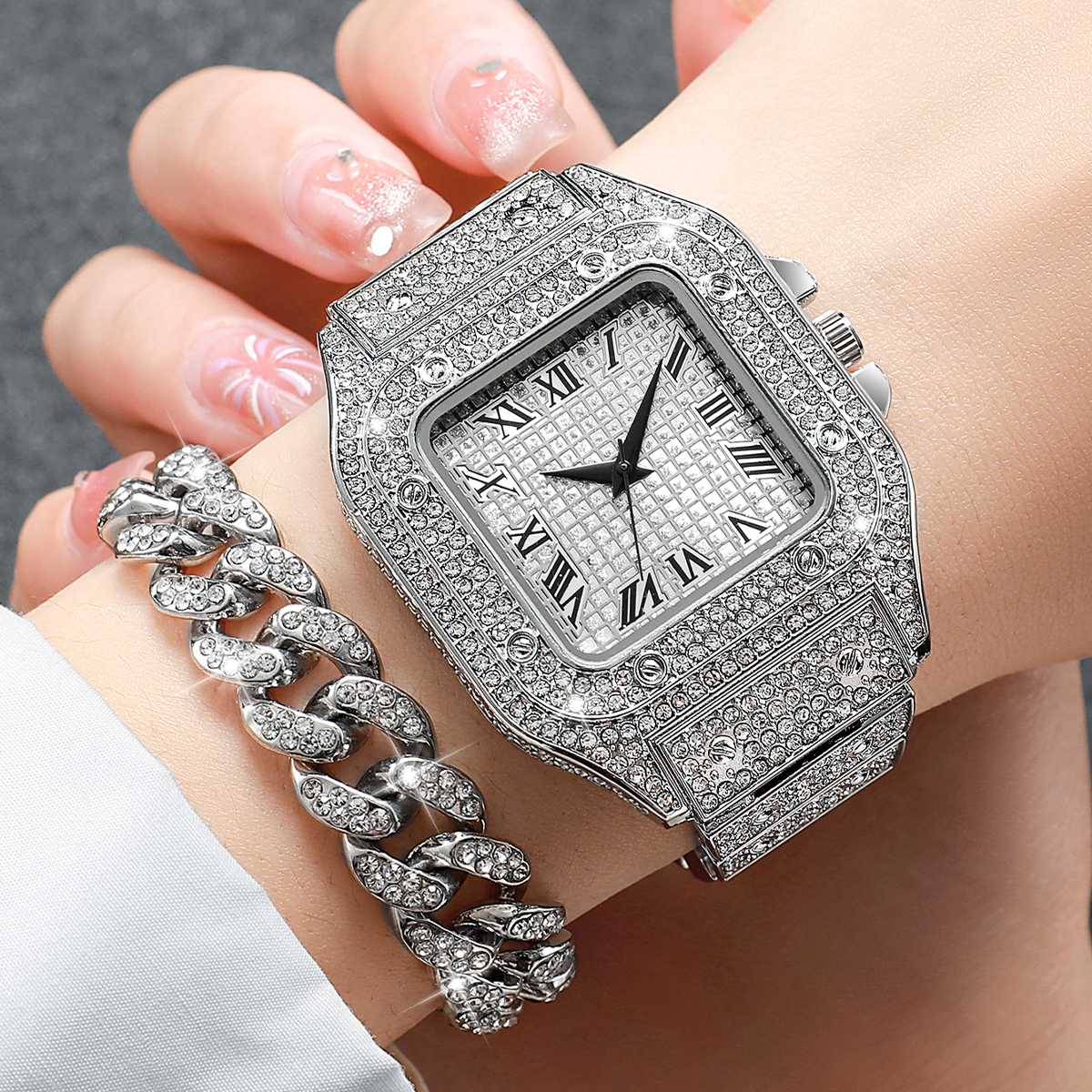2PCS Iced Out Square Watch & C - Luxury Watch Wallpaper ulasan dan harga
