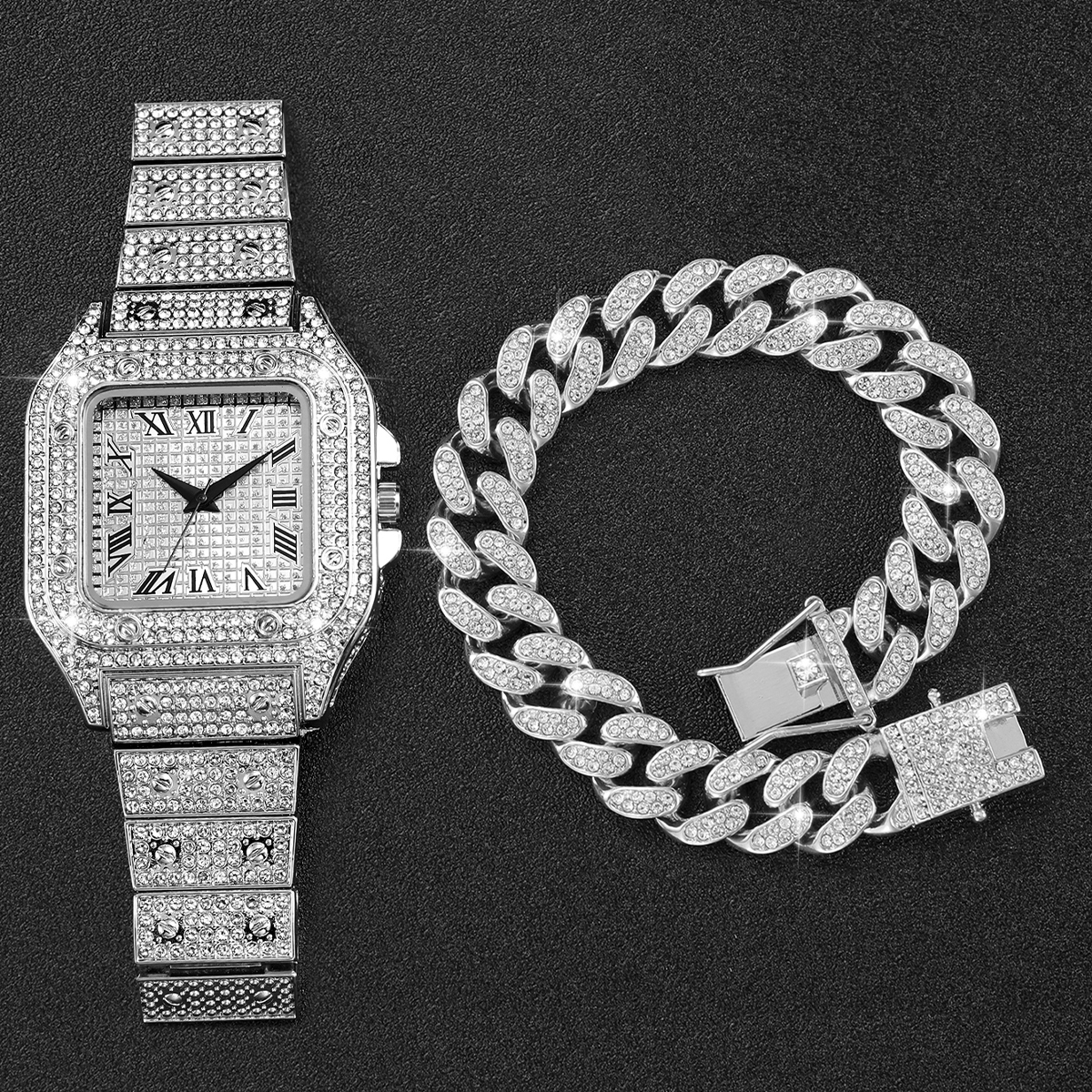 2PCS Iced Out Square Watch & C - Luxury Watch Wallpaper ulasan dan harga