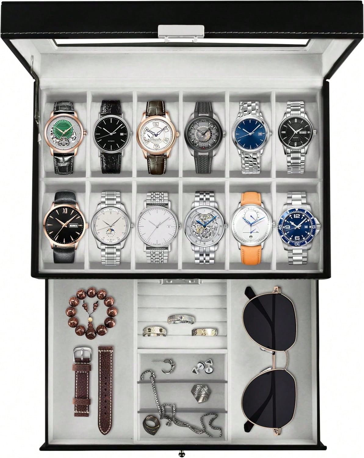 Luxury 12-Slot 2-Tier PU Leath - Luxury Watch Tier ulasan dan harga